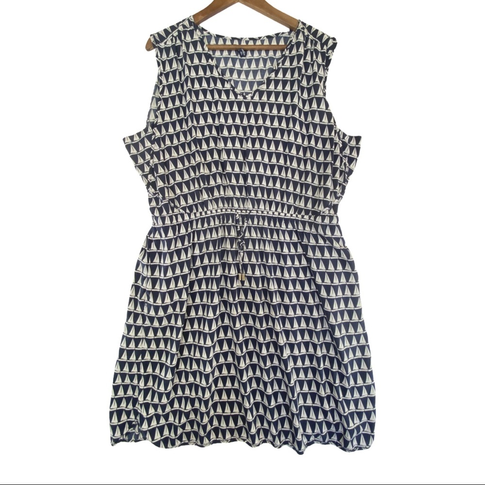 Gap XL Shift Dress Sailboats Print Navy Blue White Drawstring Waist Sleeveless